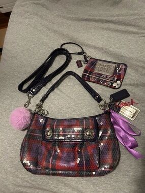 Coach Poppy sequin berry tartan with matching wristlet